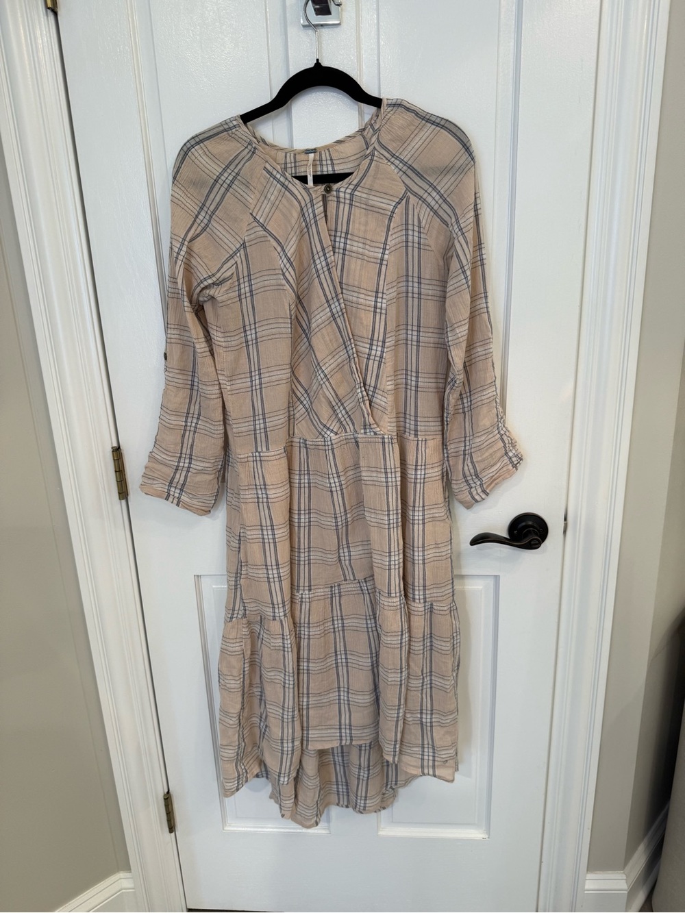 Free People Beige Plaid Lightweight Tiered Dress